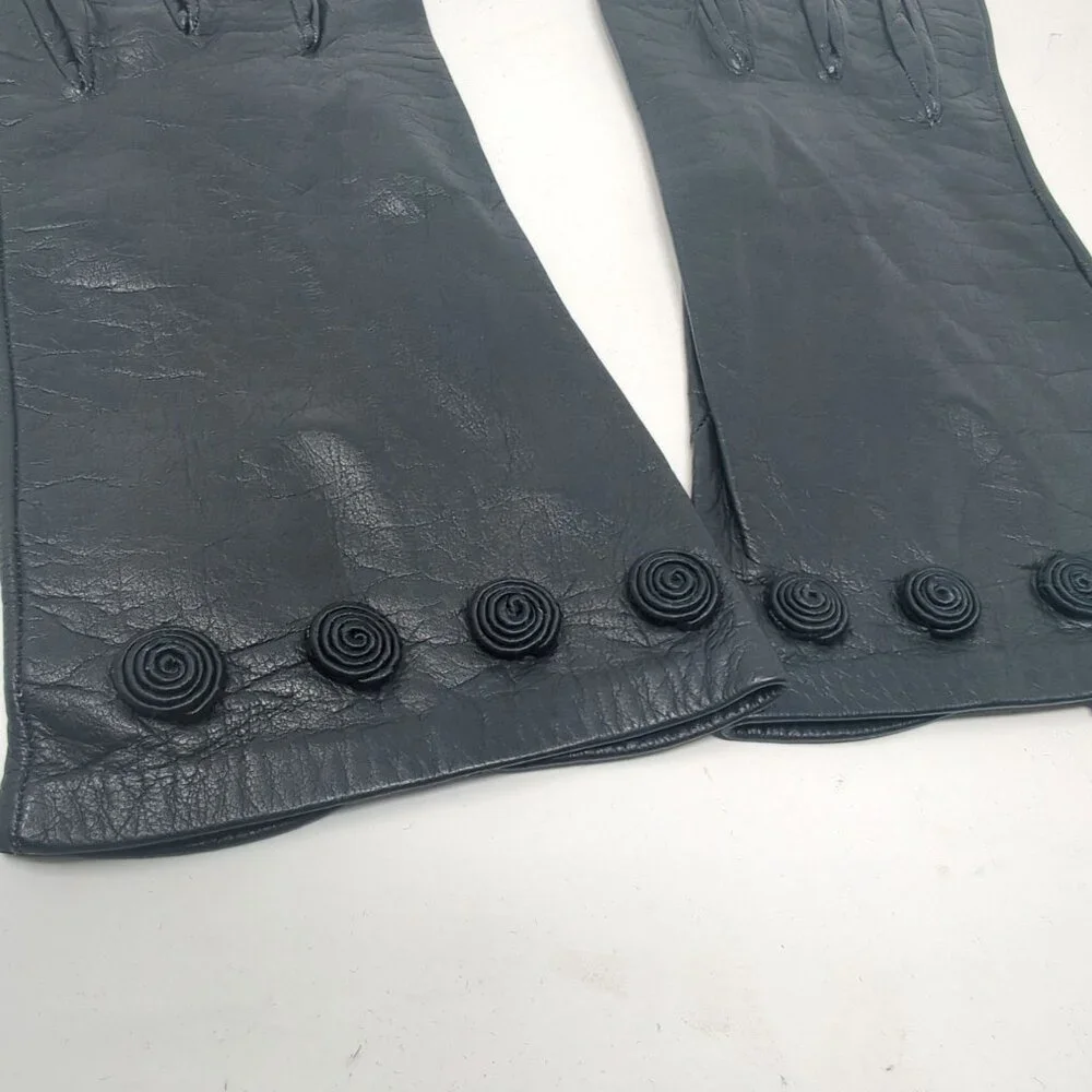 Vintage Antique Black Leather Gloves Wrist Rosettes